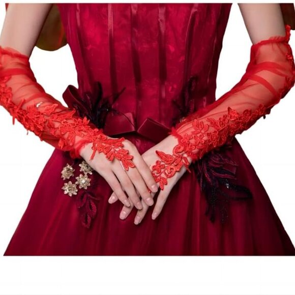 Women's Red Lace Fingerless Gloves Sheer Mesh Bridal Elegant Dance Costume - Picture 8 of 9